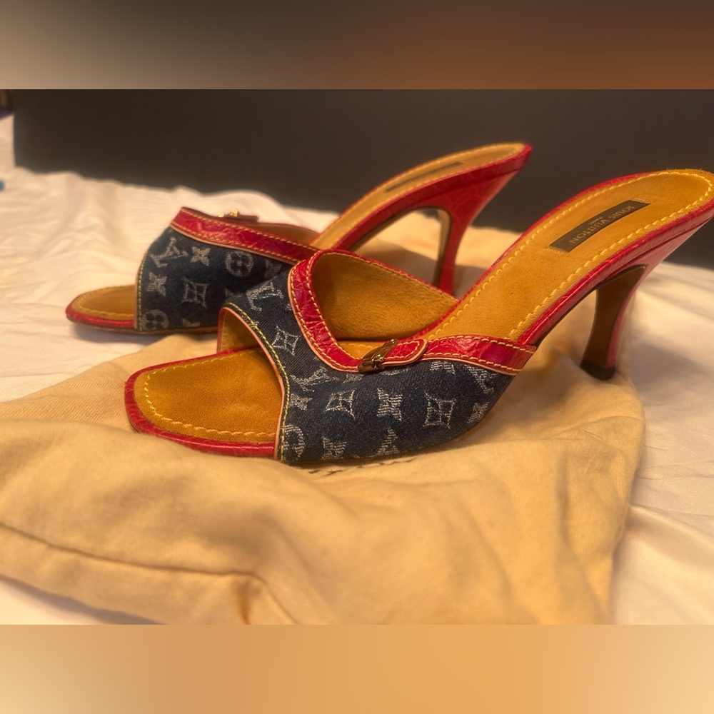 Louis Vuitton Red and Denim Monogram Sandals (Limited Edition) - Picture 2 of 3